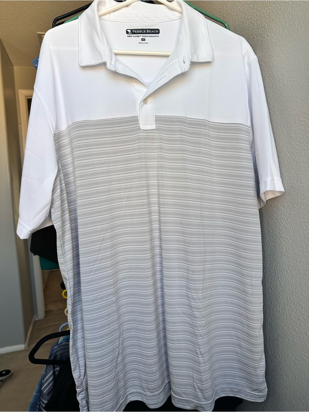 Pebble Beach White and Light Gray Striped Performance Polo